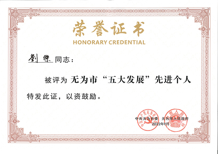 黑河公司技術(shù)部經(jīng)理、助理工程師劉杰同志被評(píng)為2022年度無為市“五大發(fā)展”先進(jìn)個(gè)人