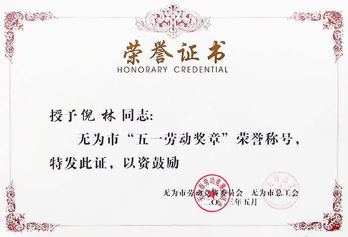 黑河公司電壓線圈車間班組長(zhǎng)倪林同志榮獲2023年度無為市“五一勞動(dòng)獎(jiǎng)?wù)隆睒s譽(yù)稱號(hào)